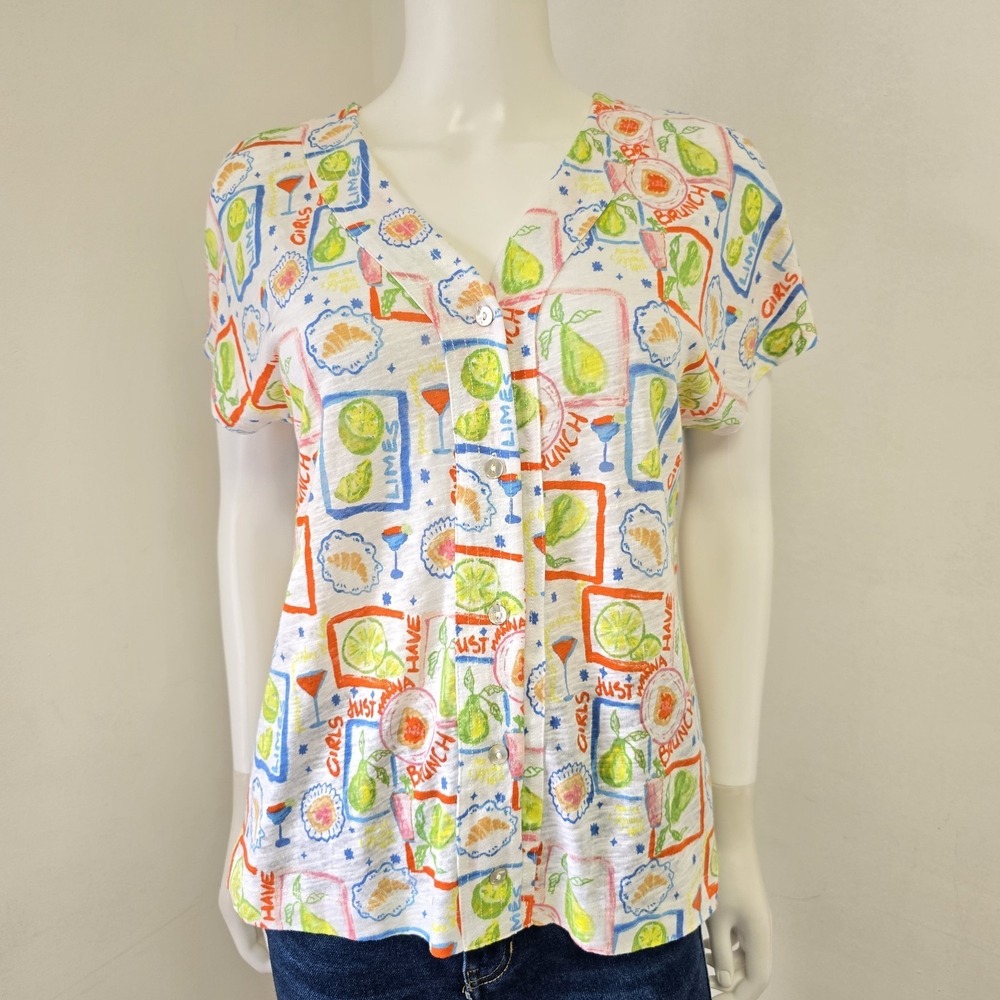 Cynthia Rowley 100% Linen Top Fruit Brunch Printed Button Down Size M Novelty